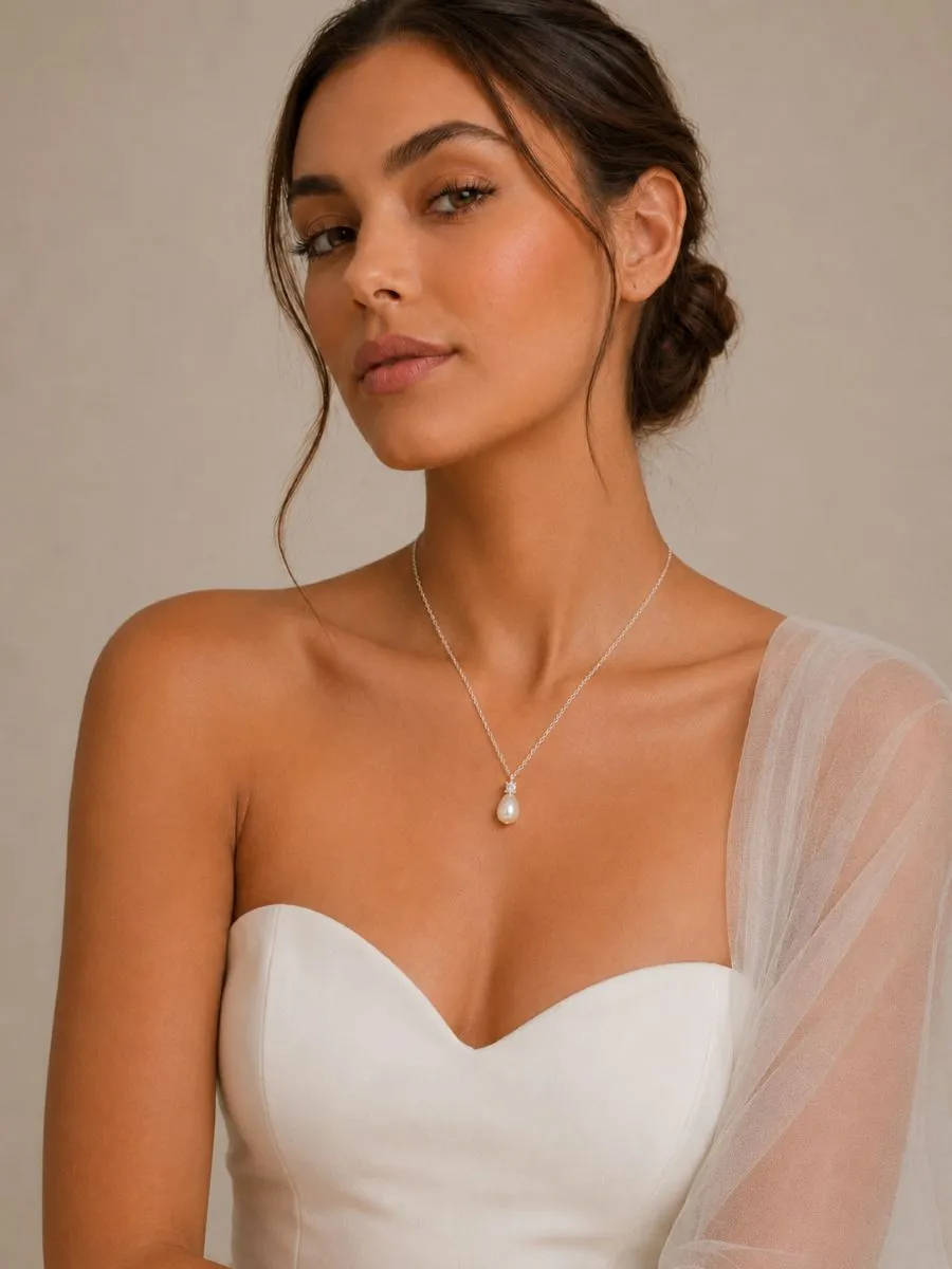 1572 Vintage Heirloom Necklace - Athena platinum plated pearl and CZ crystal bridal necklace with adjustable chain