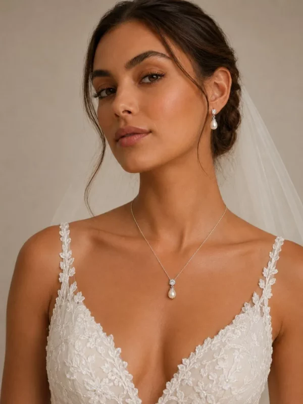 1905 Timeless Elegance Necklace Set - Athena with cubic zirconia crystals, oval simulated ivory pearl drops and matching earrings.