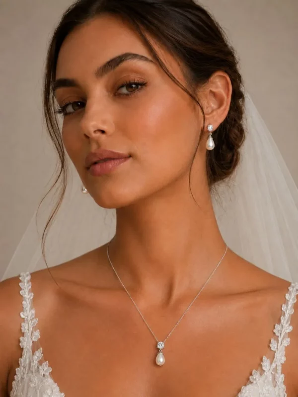 1905 Timeless Elegance Necklace Set - Athena with cubic zirconia crystals, oval simulated ivory pearl drops and matching earrings. close up