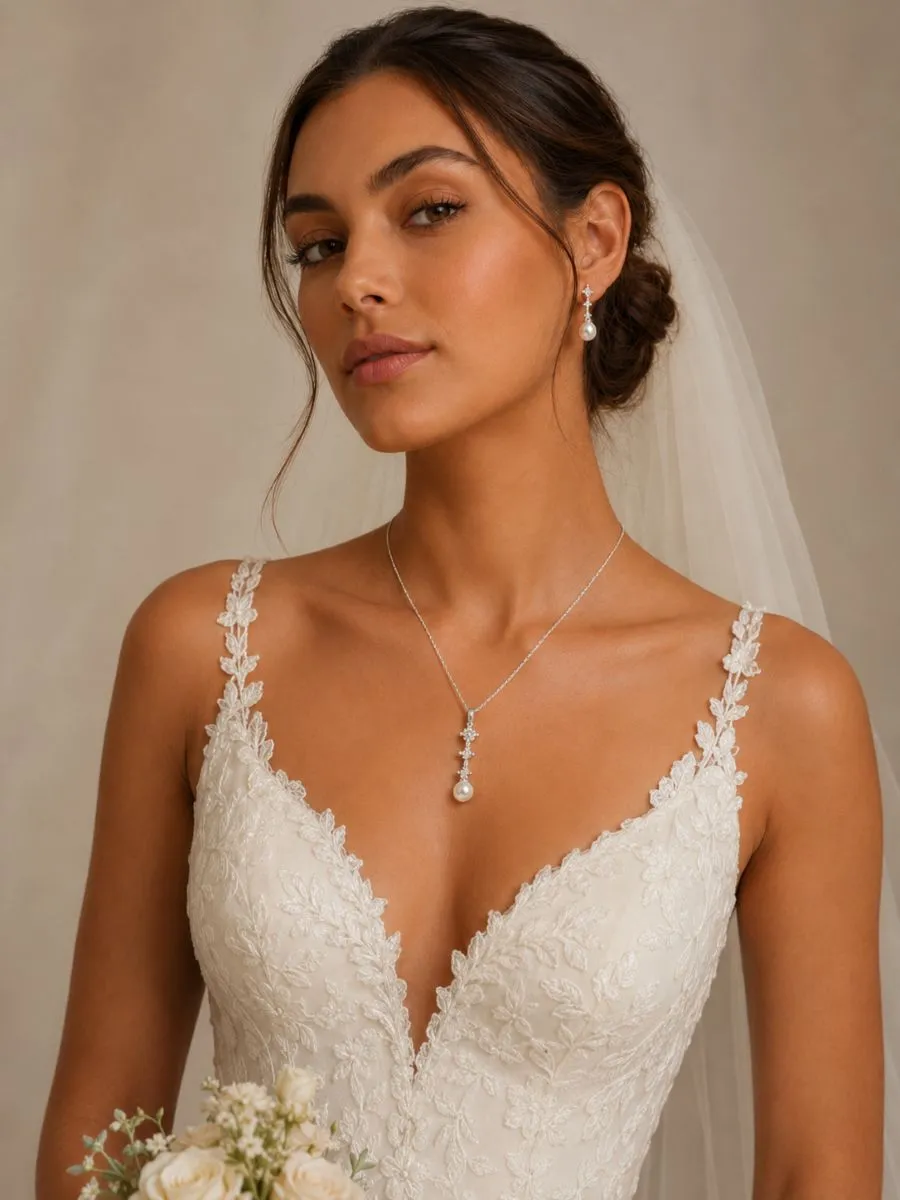 Athena 7029 dainty pearl bridal necklace set with matching pearl drop earrings and cubic zirconia crystal detail. on bride