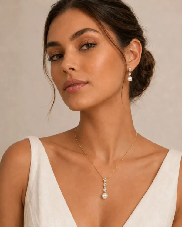 7310 Dainty Pearl Necklace Set - Athena with gold finish, simulated ivory pearls, clear cubic zirconia crystals and matching earrings.