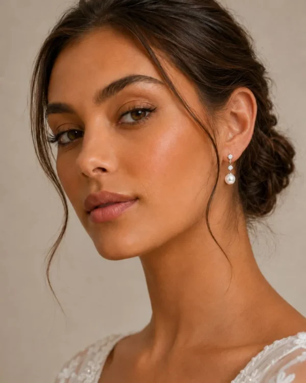 7310 Dainty Pearl Necklace Set - Athena with gold finish, simulated ivory pearls, clear cubic zirconia crystals and matching earrings. close up