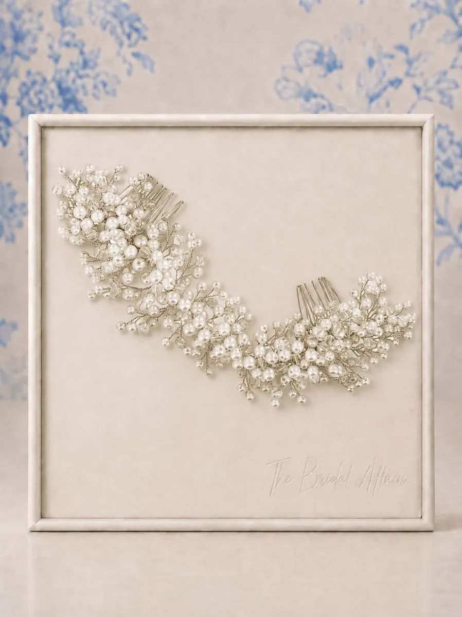 Athena 1991 Lux Pearl Cluster Comb displayed on ivory satin frame.