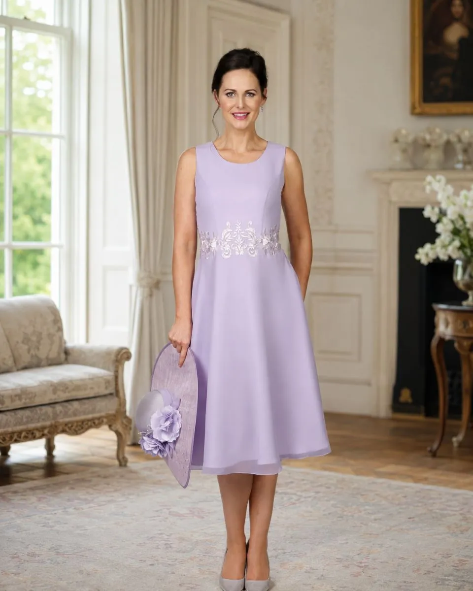 Emma Bridals EBED021 chiffon occasion dress with appliqué waist detail in navy blue and lilac.