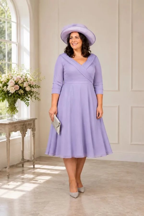 Emma Bridals EBED068 jersey and chiffon occasion dress with wrap-over collar and flowing skirt in wisteria purple