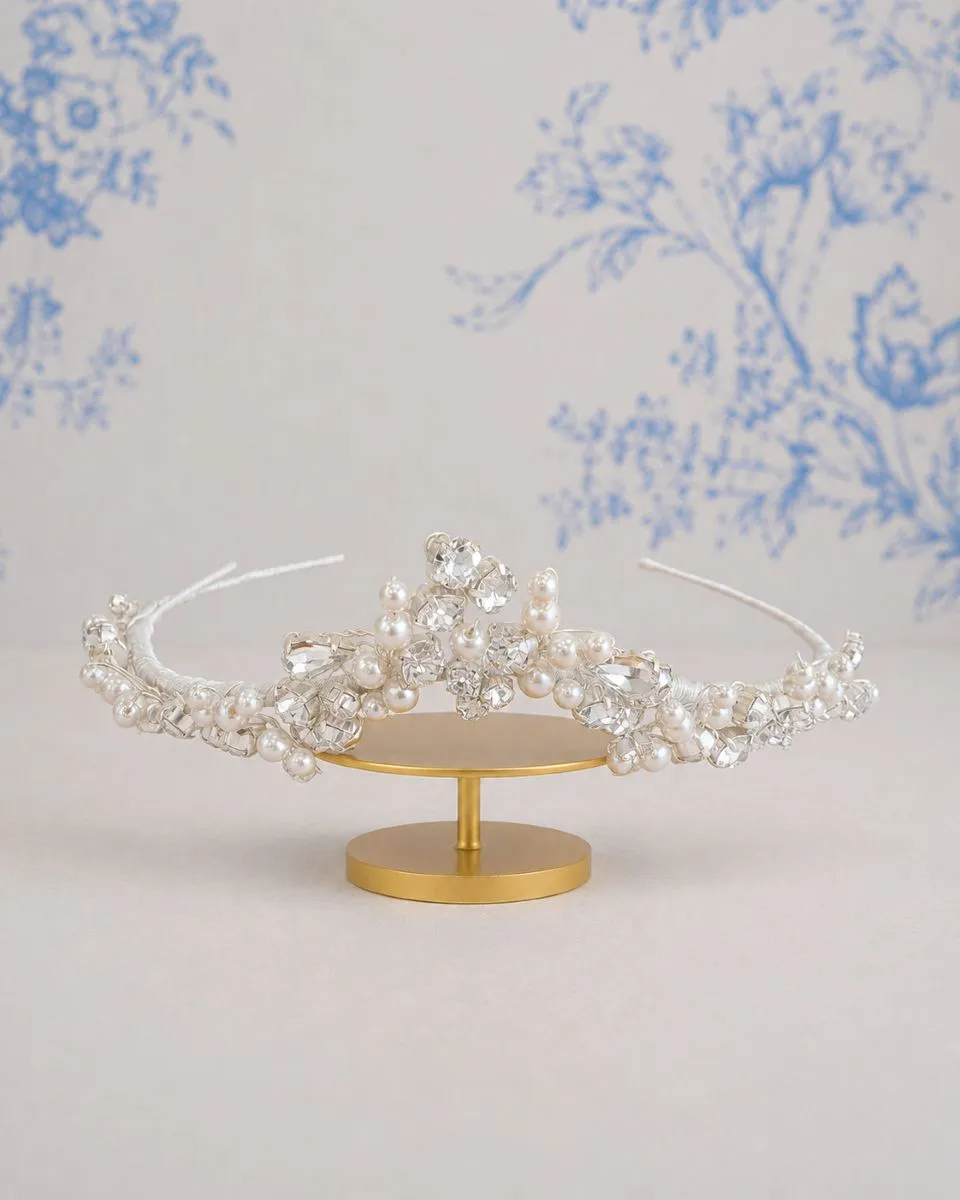 Richard Designs TR2596A clustered crystal bridal tiara in silver with pearl detailing and a flattering scallop-shaped band.