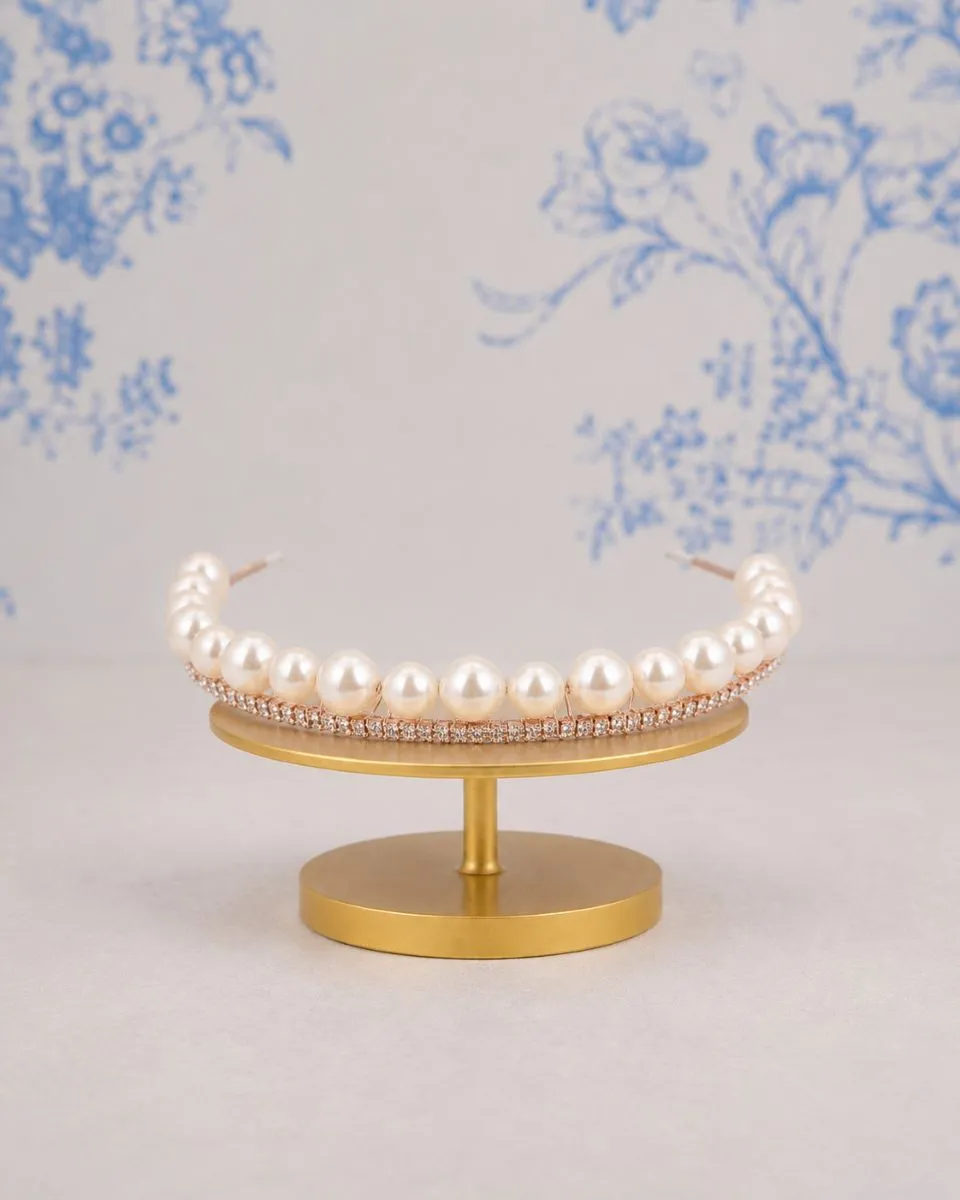 Richard Designs TR2601A pearl and crystal bridal crown with statement pearls and crystal-lined tiara band.