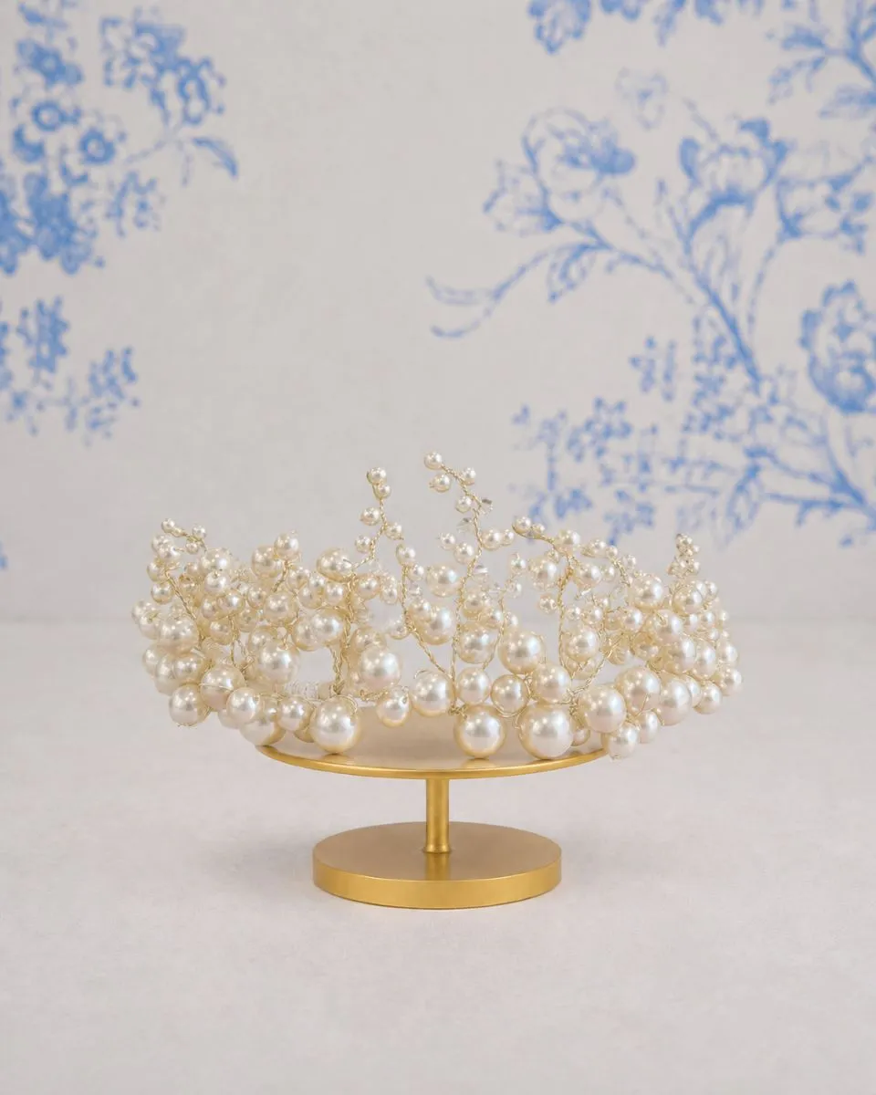 Richard Designs TR2651A statement pearl bridal crown with clustered pearls, crystal accents, and regal tiara styling.
