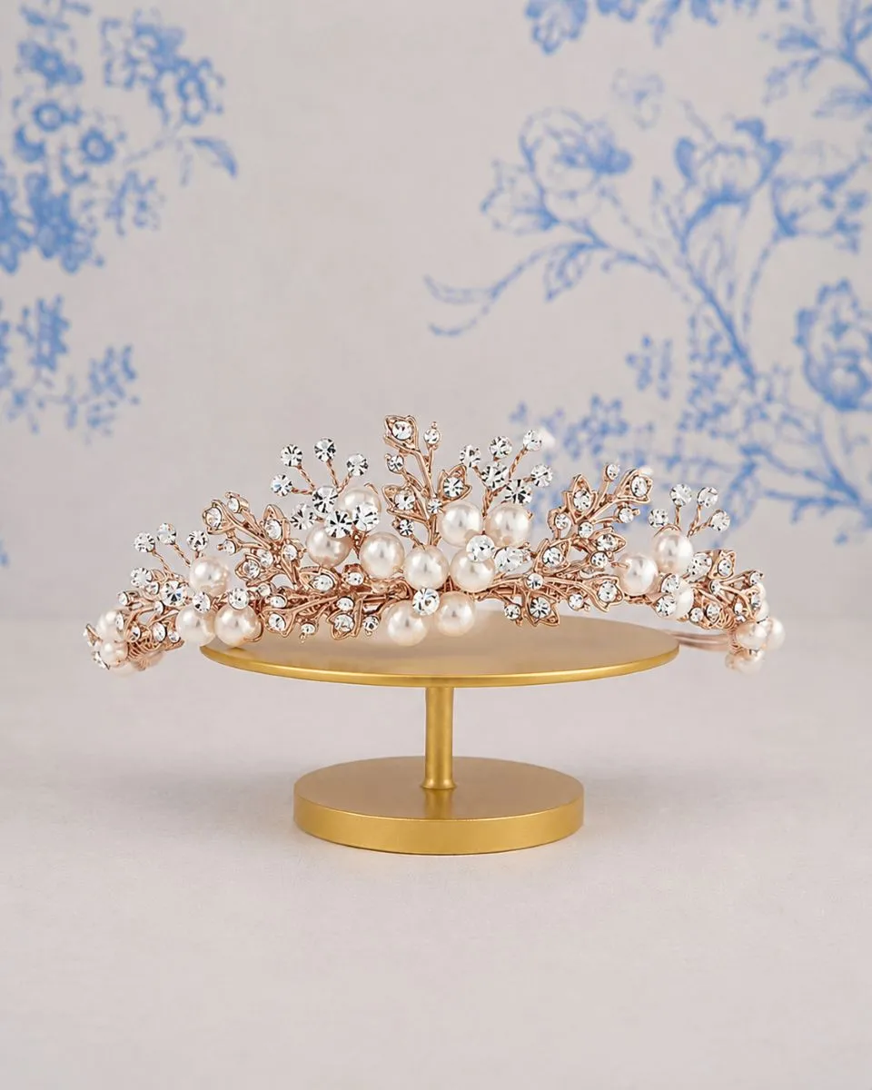 Athena 1451 Tess Luxe Pearl Tiara on gold stand