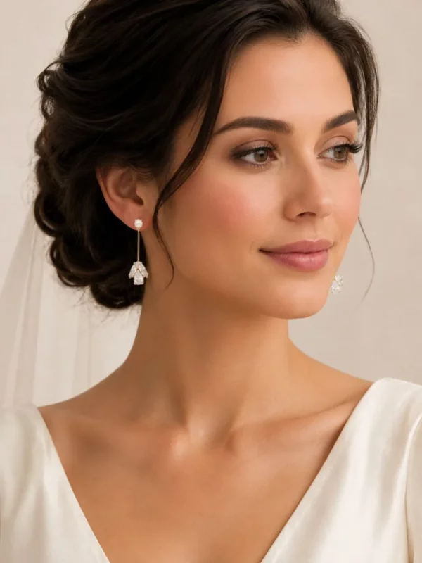 7415 Gold Pearl Drop Earrings - Athena with gold finish, simulated ivory pearls and clear cubic zirconia crystals for bridal jewellery.
