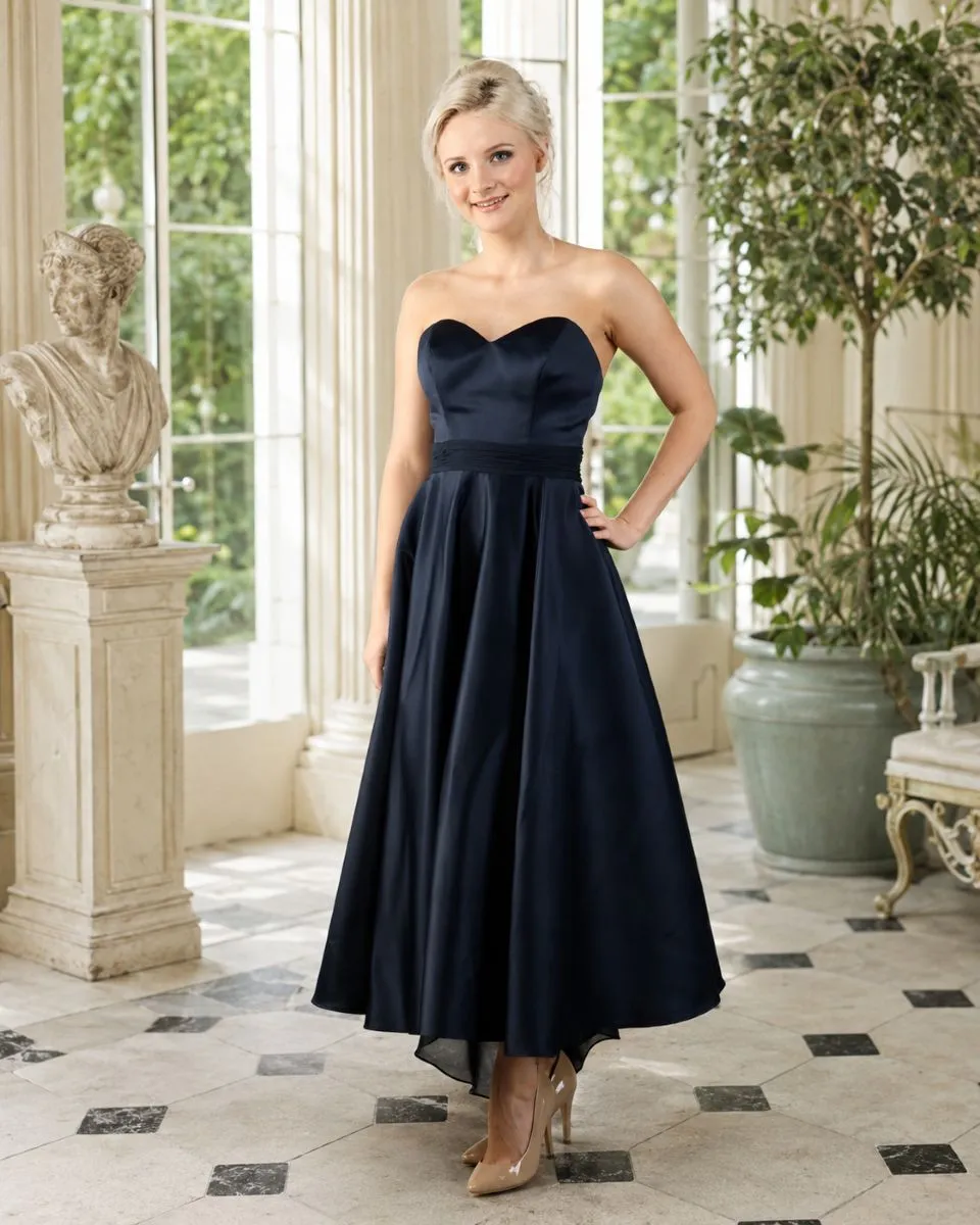 Emma Bridals EB7513 satin occasion dress with chiffon train-back detail and A-line skirt in navy blue