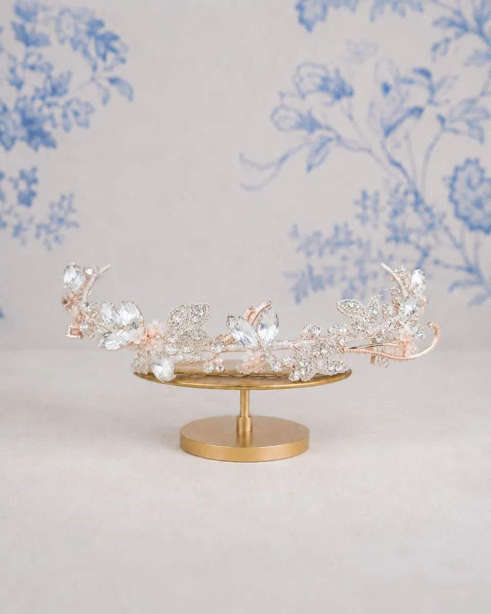 Richard Designs TR2568RS delicate vine bridal tiara band with crystals, pearls, beaded leaves and floral detail on gold stand.