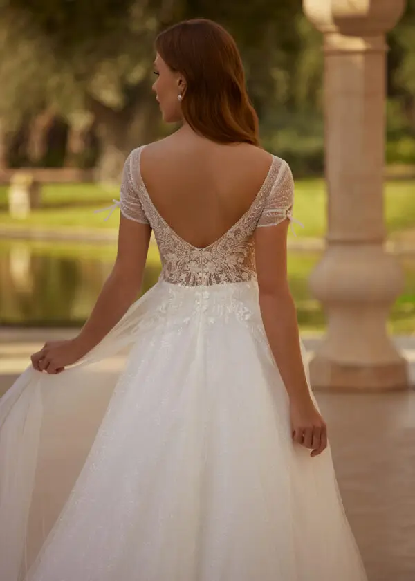 Caylee GBS Herve Paris glitter tulle A-line wedding dress front view with deep V-neckline and lace bodice back detail