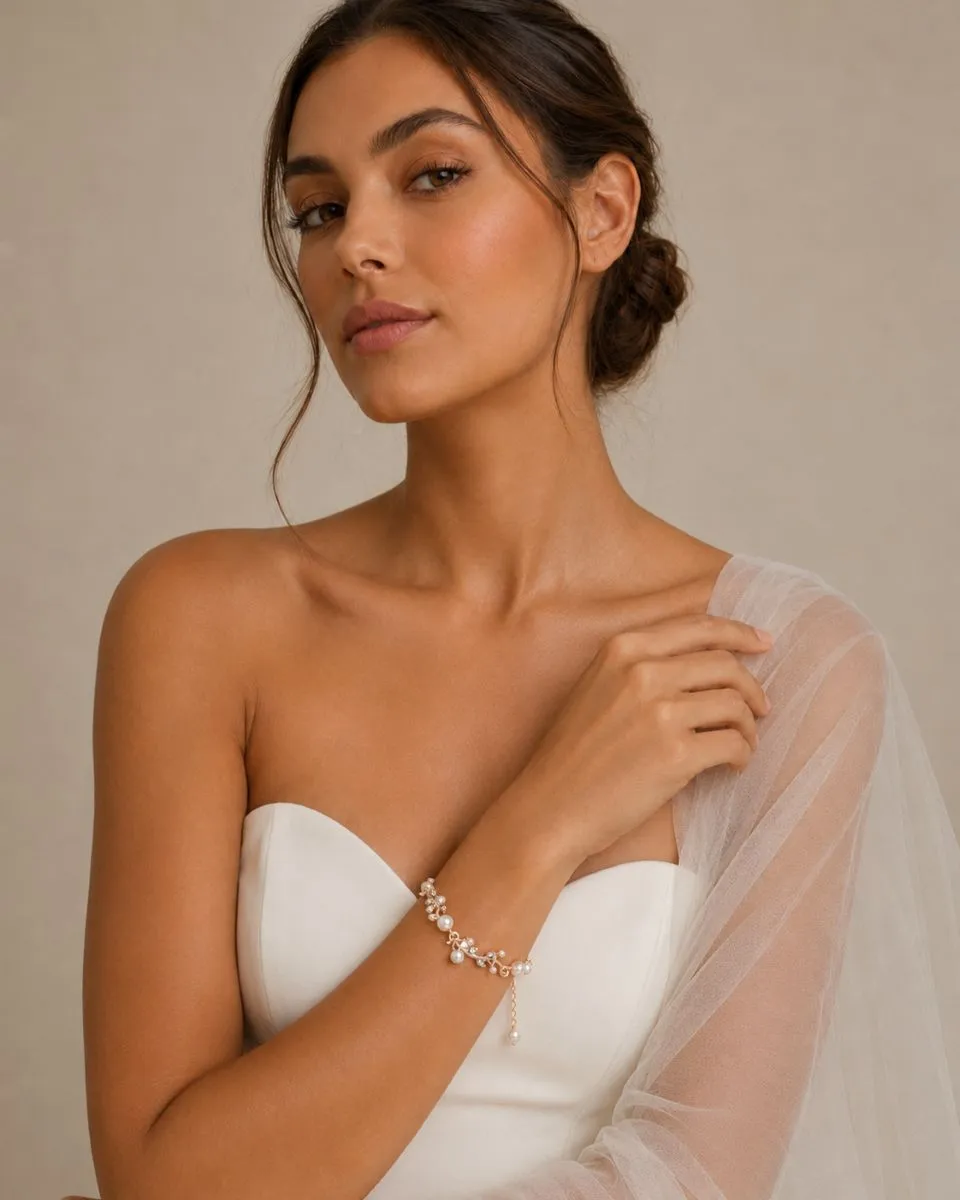 1455 Rose Gold Starlet Bracelet - Athena rose gold bridal bracelet with simulated ivory pearls, clear rhinestone crystals and adjustable chain