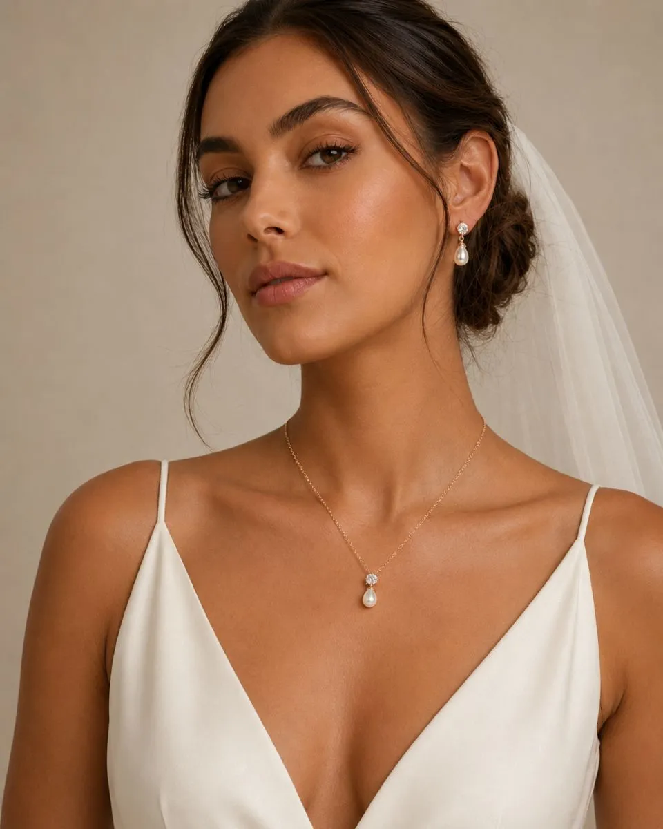 1906 Timeless Elegance Necklace Set - Athena with champagne gold finish, cubic zirconia crystals and oval ivory pearl drops