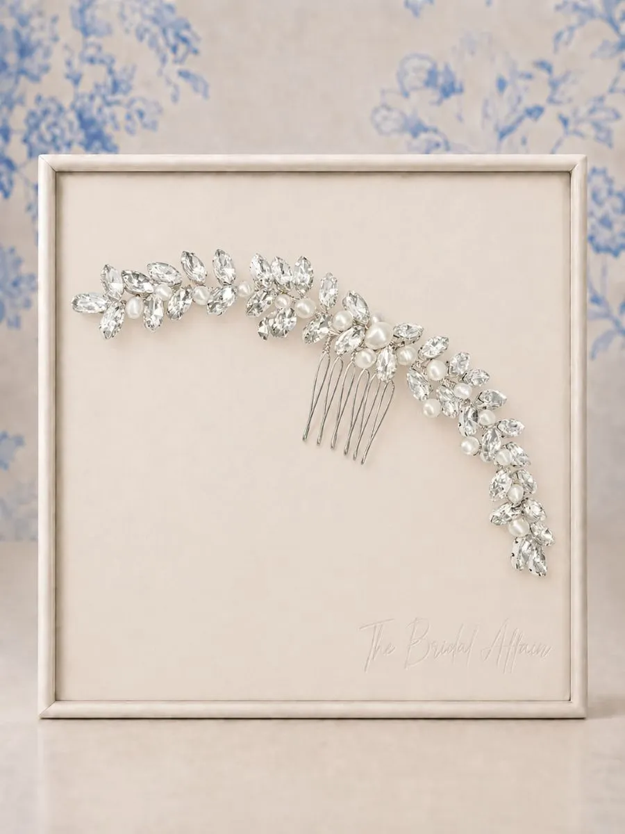 Athena 7404 Chic Pearl Hair Comb with crystals and freshwater pearls displayed on The Bridal Affair jewellery frame.