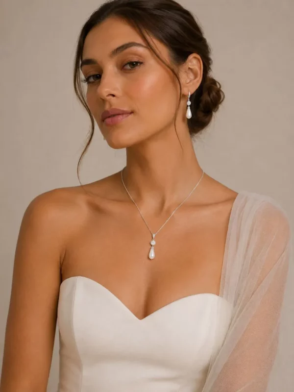 7808 Chic Pearl Drop Necklace Set - Athena silver pearl drop necklace and matching earrings with clear crystal detail