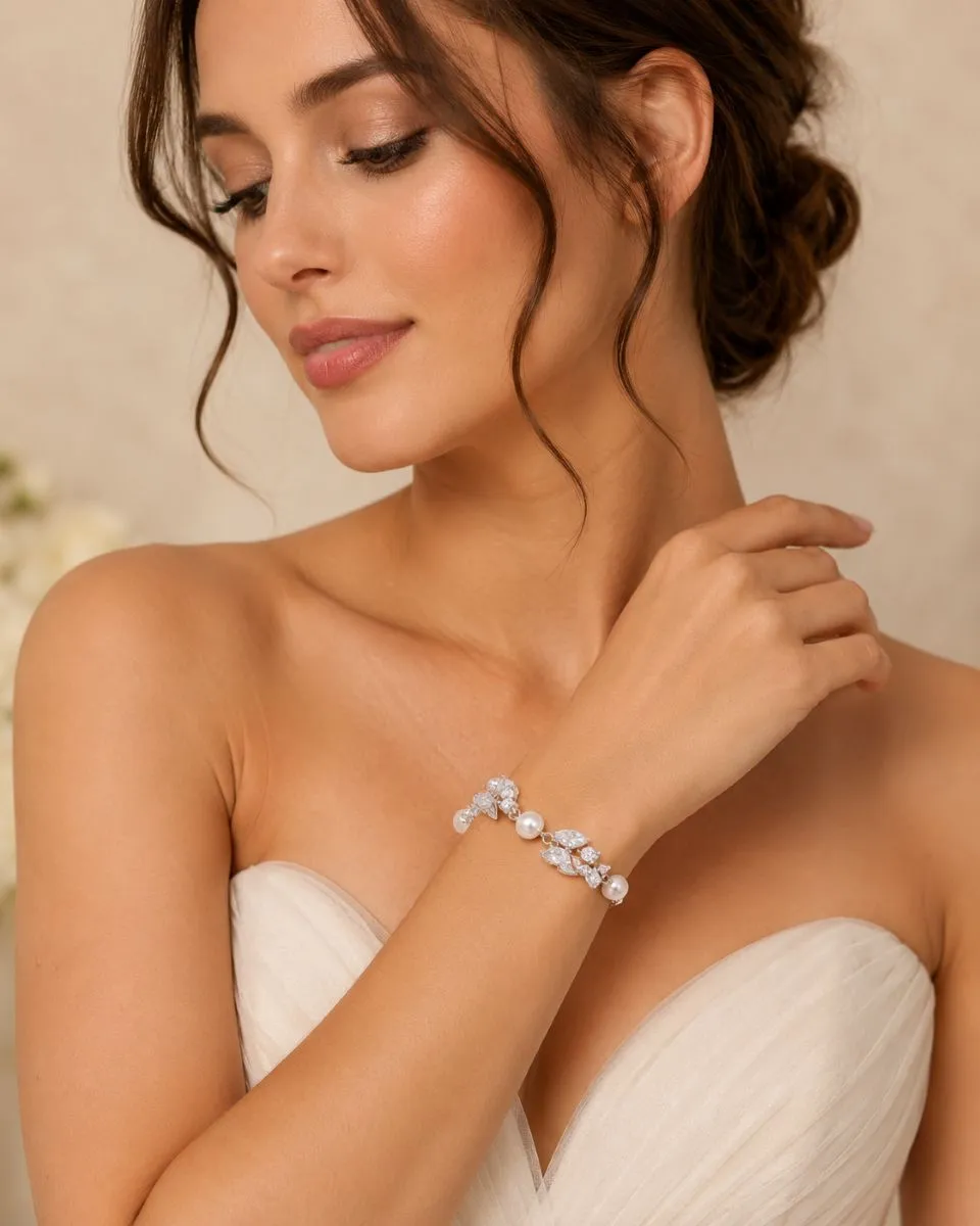9161 Perfect Pearl Bracelet - Athena with simulated pearls, marquise cut crystals and adjustable chain for bridal jewellery