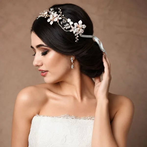 Bride wearing Athena 1812 Exquisite Romance Vine Silver styled in romantic bridal hair.