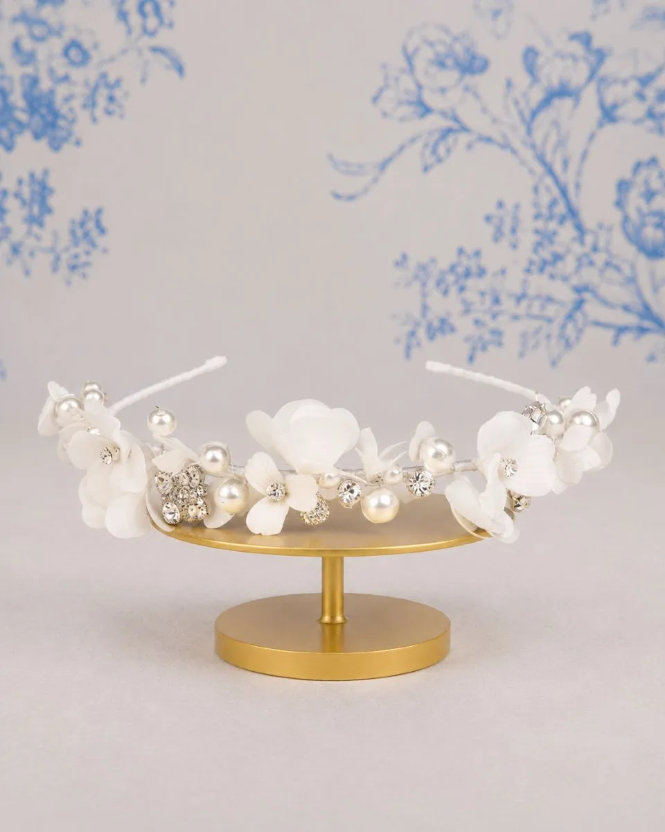 Emma Bridals SB527 sparkle floral bridal hair band with porcelain flowers, Mikado blooms, pearls, diamante and crystal detail.