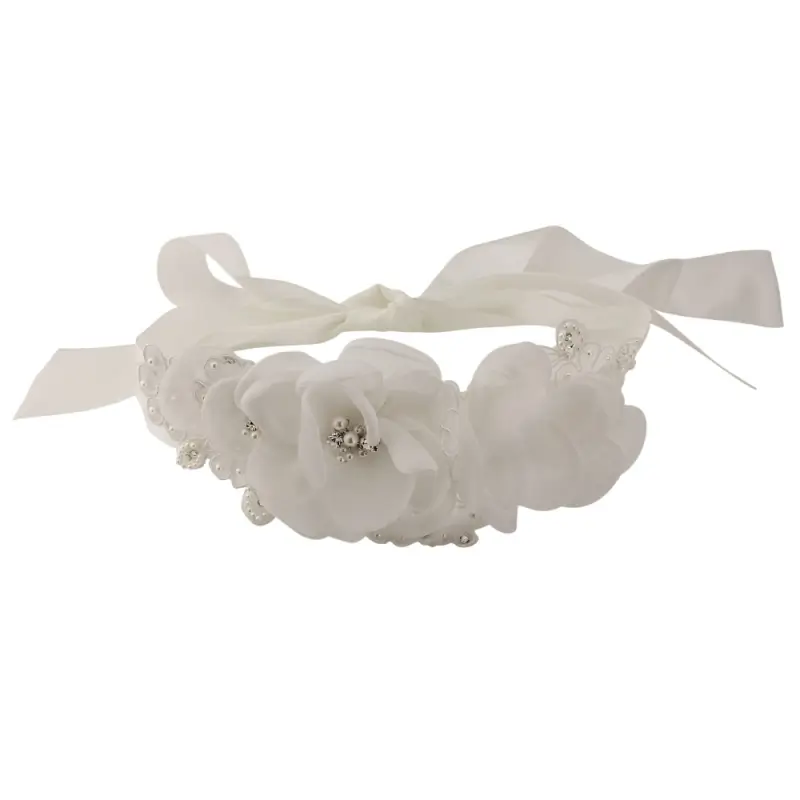 Athena 4089 Chic bridal sash floral design with clear crystals and ivory ribbon