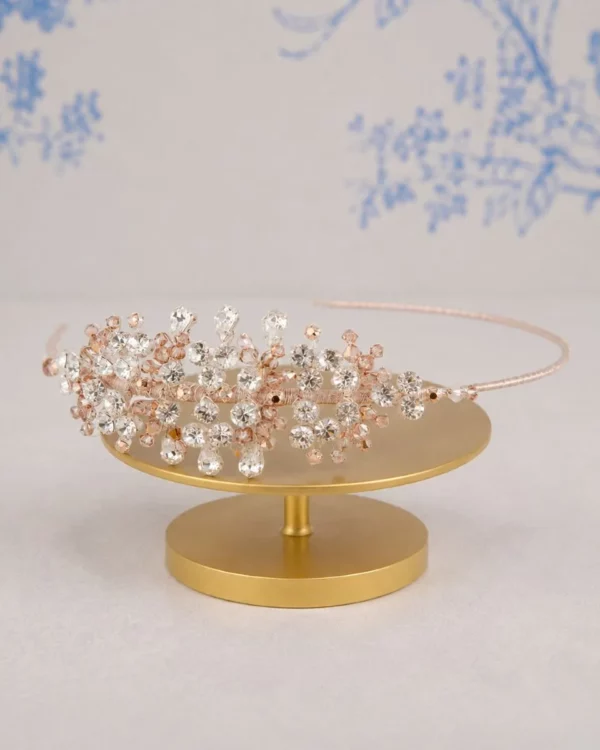 Richard Designs TR1922RGS rose gold clustered crystal side tiara with satin flowers, pearl centres and cut crystal detailing.