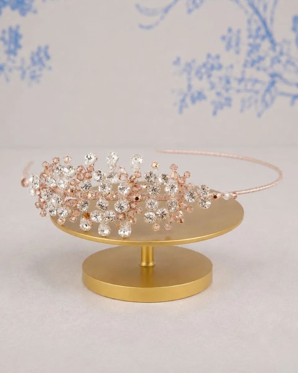 Richard Designs TR1922RGS rose gold clustered crystal side tiara with satin flowers, pearl centres and cut crystal detailing.