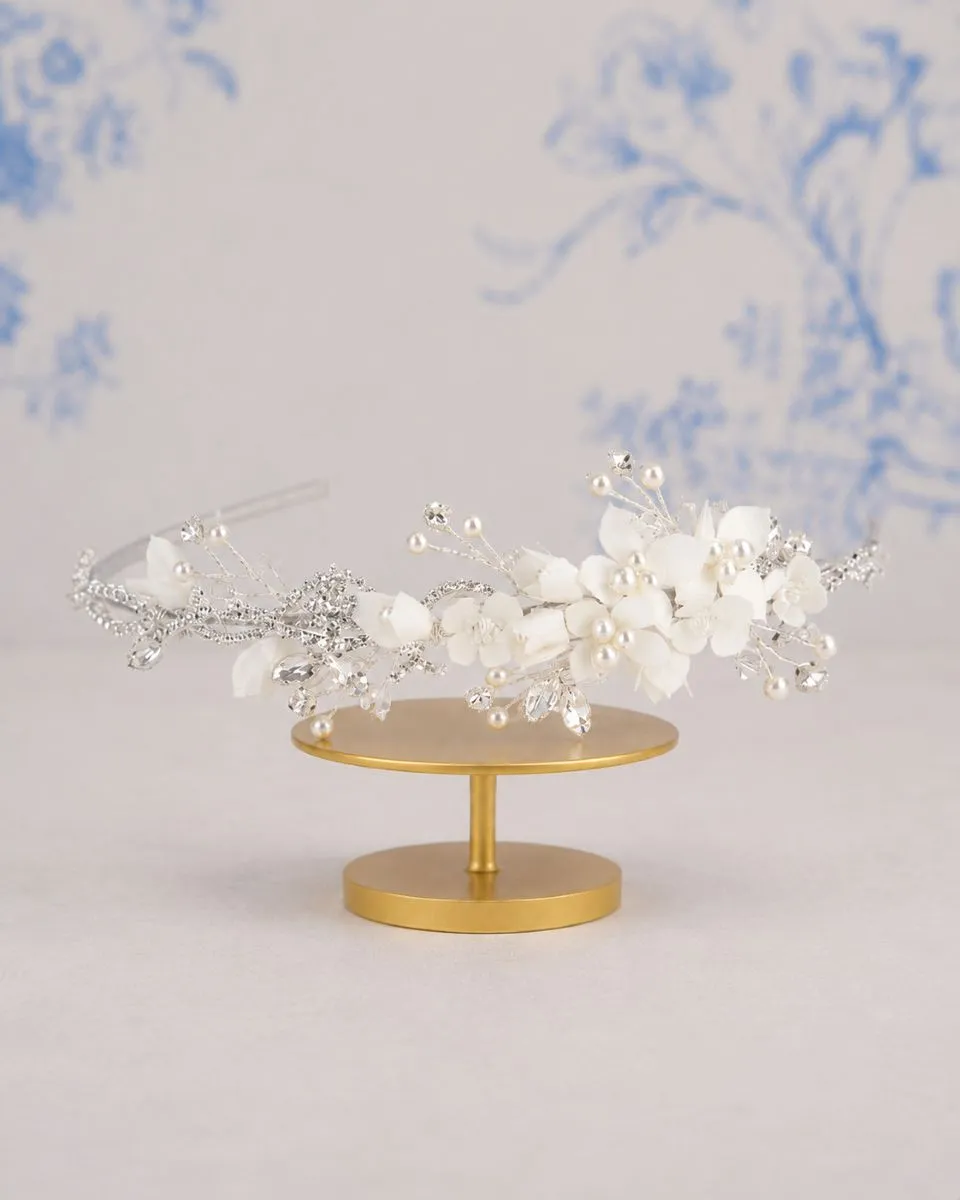 Richard Designs TR2747A pearl and satin floral bridal headband with 3D flowers, pearl centres and crystal detailing.