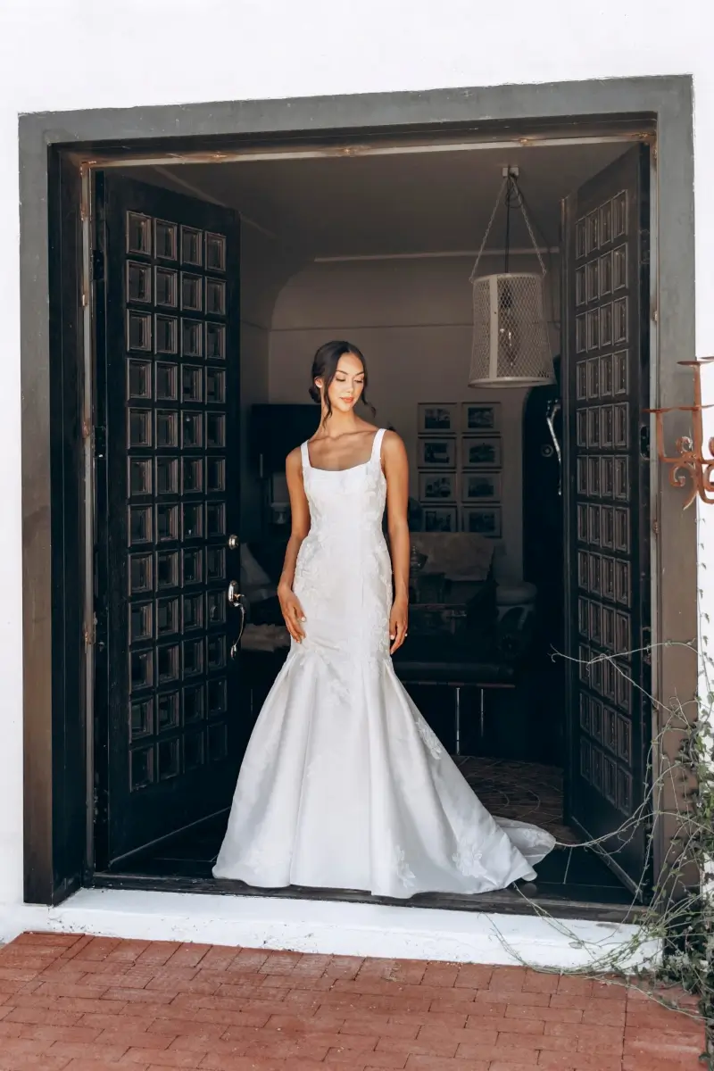 Sable Stella York Elegant Modest Fit-and-Flare Mikado Wedding Dress with Square Neckline