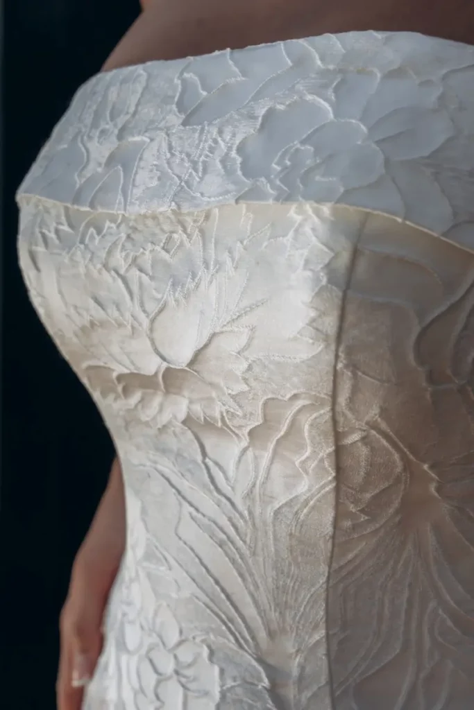 Close-up detail of an off-the-peg bridal gown available at The Bridal Affair in Easingwold