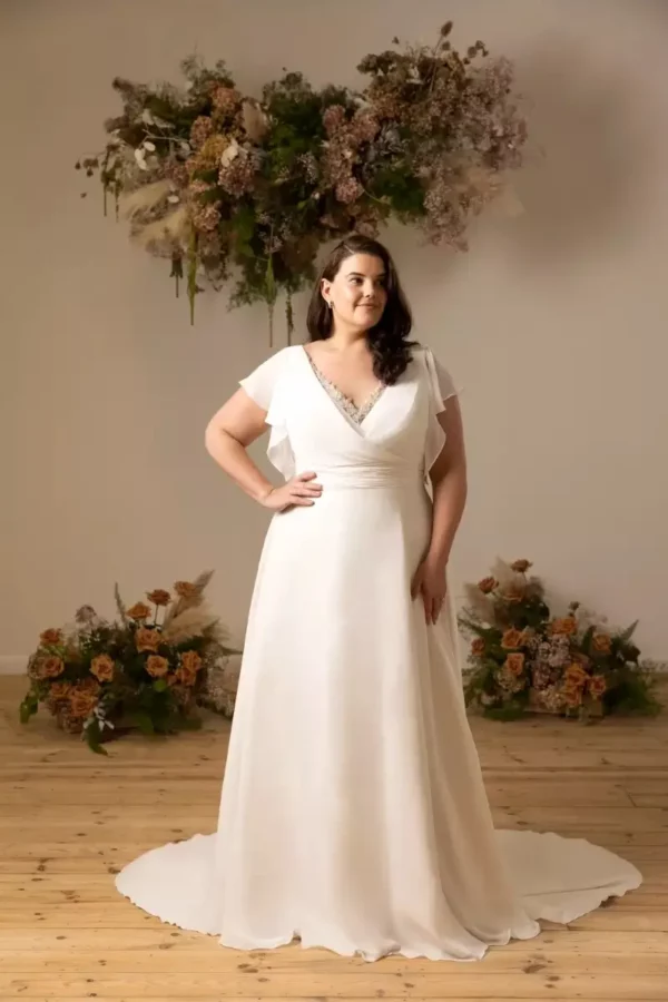 mother of bride a line dress New Arrival Modest A-line Plus Size Wedding Dress, V-neck Bridal Gown, MW812 main image 0