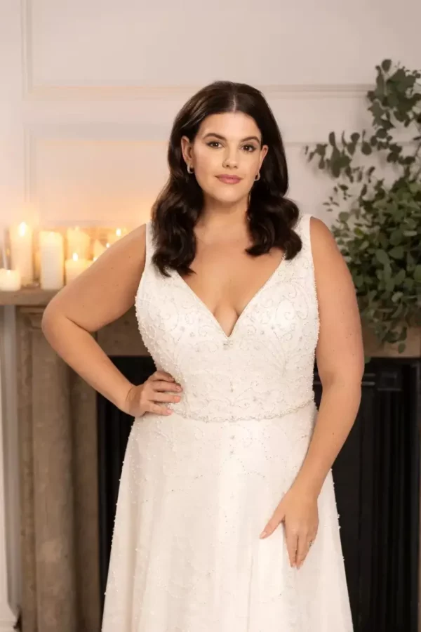 True Curves Mila TC-W476 wedding dress front detail without sleeves