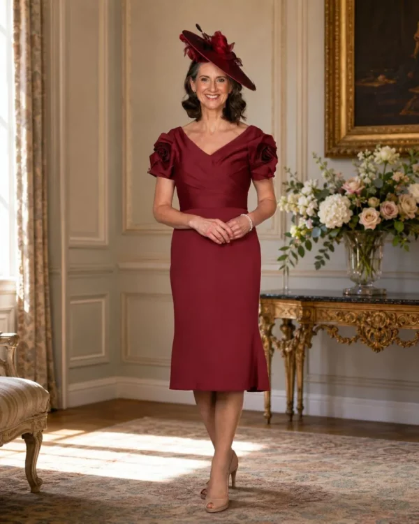 Emma Bridals EBED127 jersey occasion dress with sculpted rose sleeve detail in burgundy red