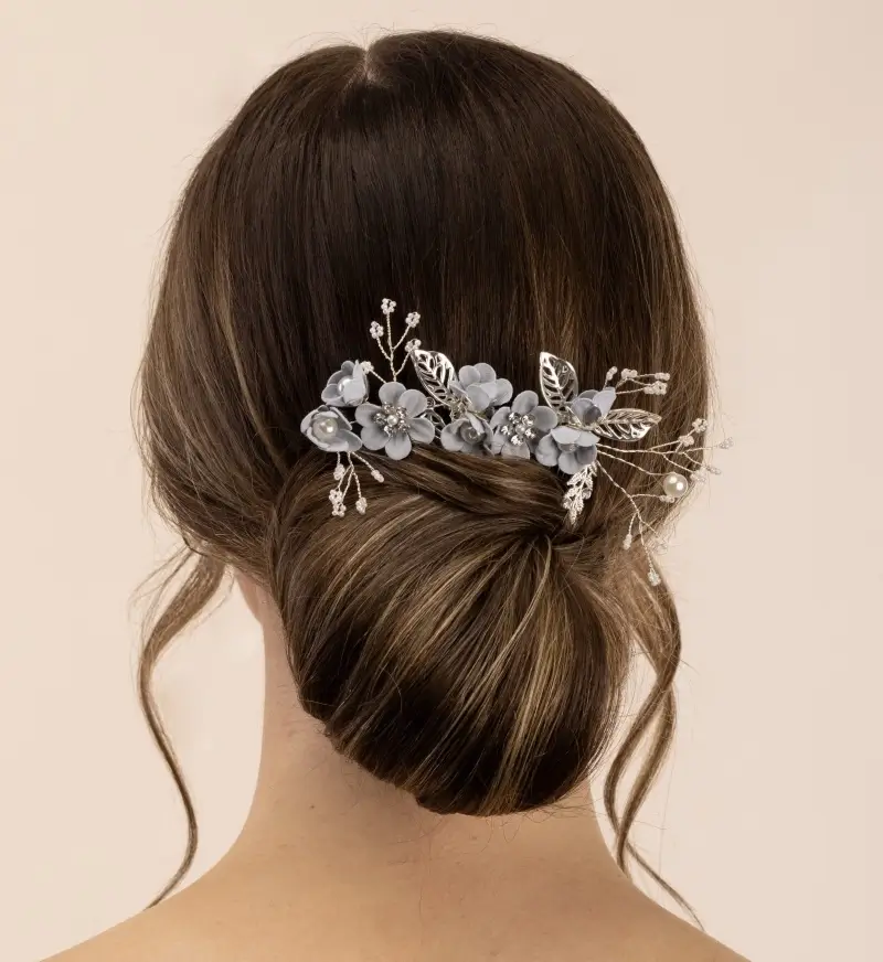 The Perfect Bridal Company PBH7077 Floral Silver Comb in blue
