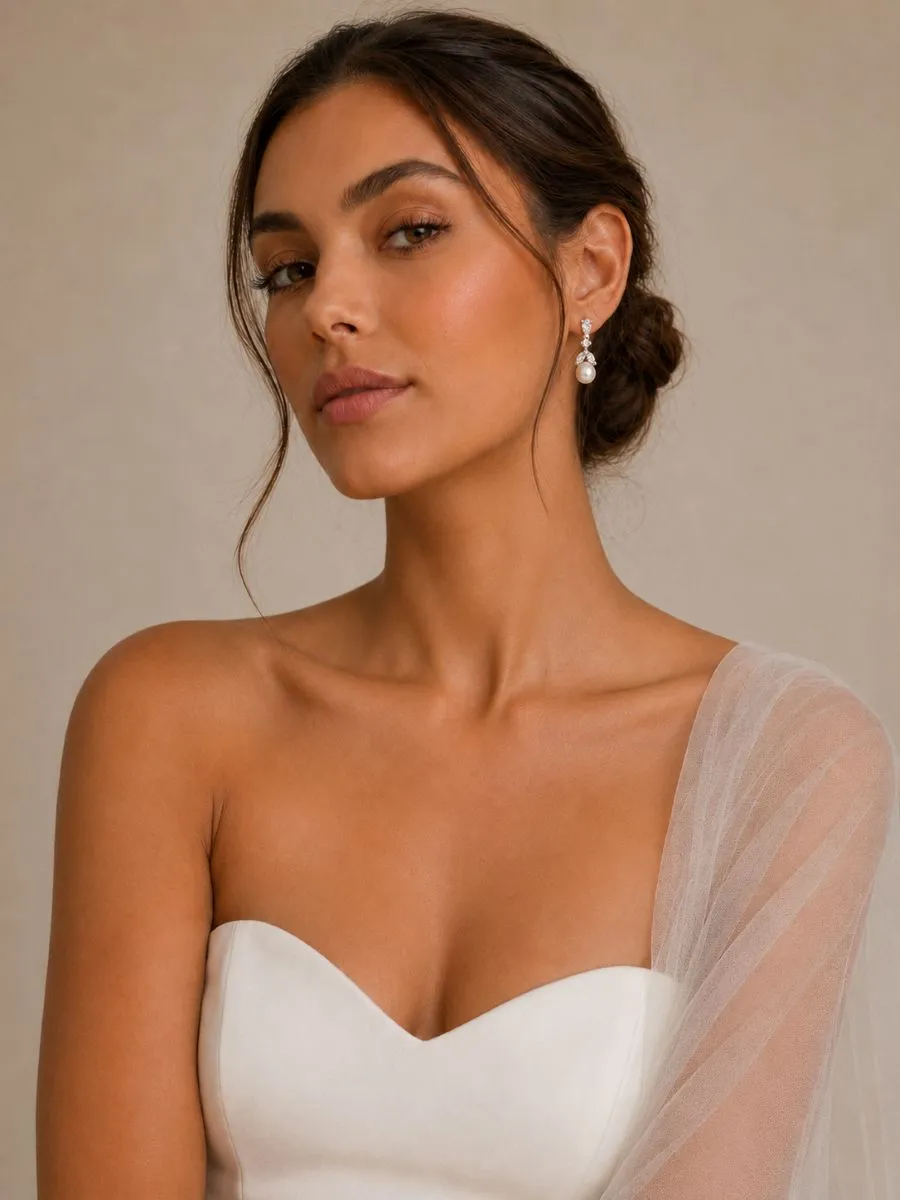 1080 Graceful Pearl Earrings - Athena pearl and cubic zirconia bridal earrings with ivory pearls and rhodium plated finish