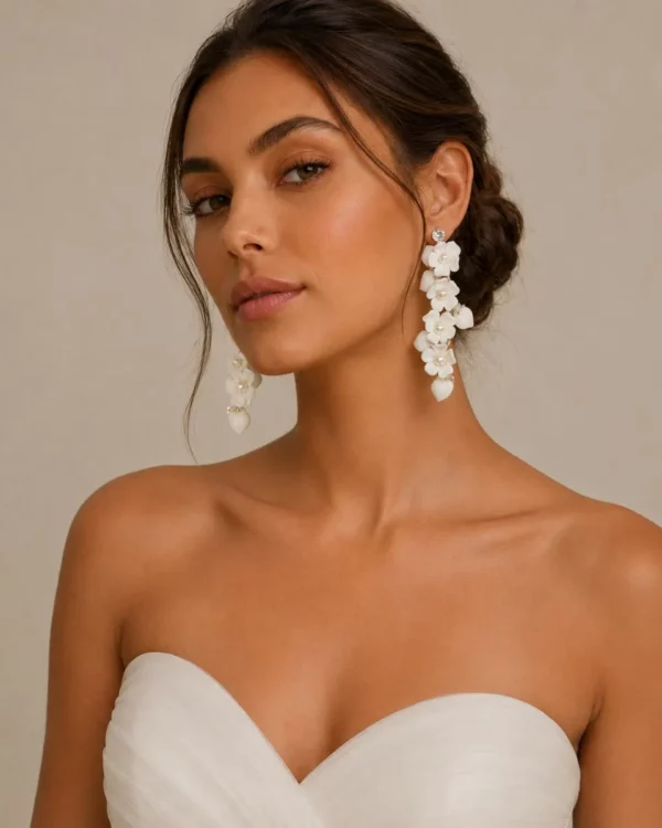 9072 Allure Floral Vine Earrings - Athena floral pearl bridal earrings with ceramic flowers, simulated ivory pearls and silver finish