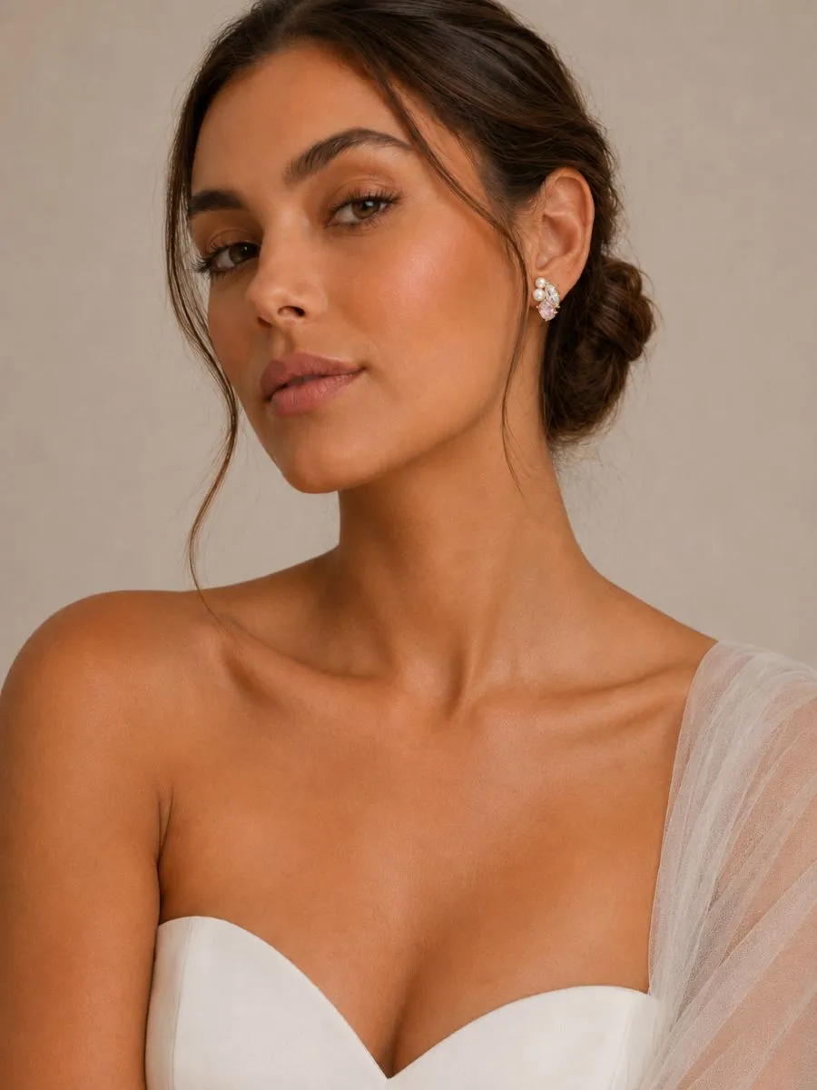 9702 Dainty Pink Sparkle Earrings - Athena gold pearl earrings with blush pink crystals, clear crystals and post back fastening.