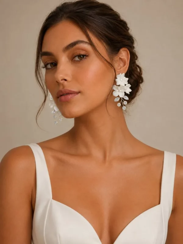 9783 Exquisite Flower Earrings - Athena with clay flowers, clear crystals, opal crystal detail and silver finish.