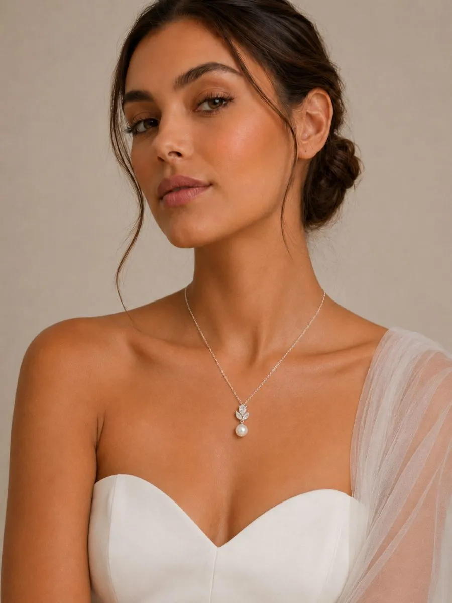 9926 Vintage Shimmer Necklace - Athena vintage pearl and crystal bridal necklace with simulated ivory pearls and cubic zirconia crystals