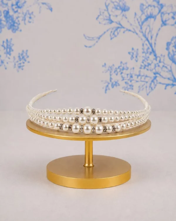 Richard Designs B047L three row pearl bridal headband with clustered pearl detailing and modern wedding styling.