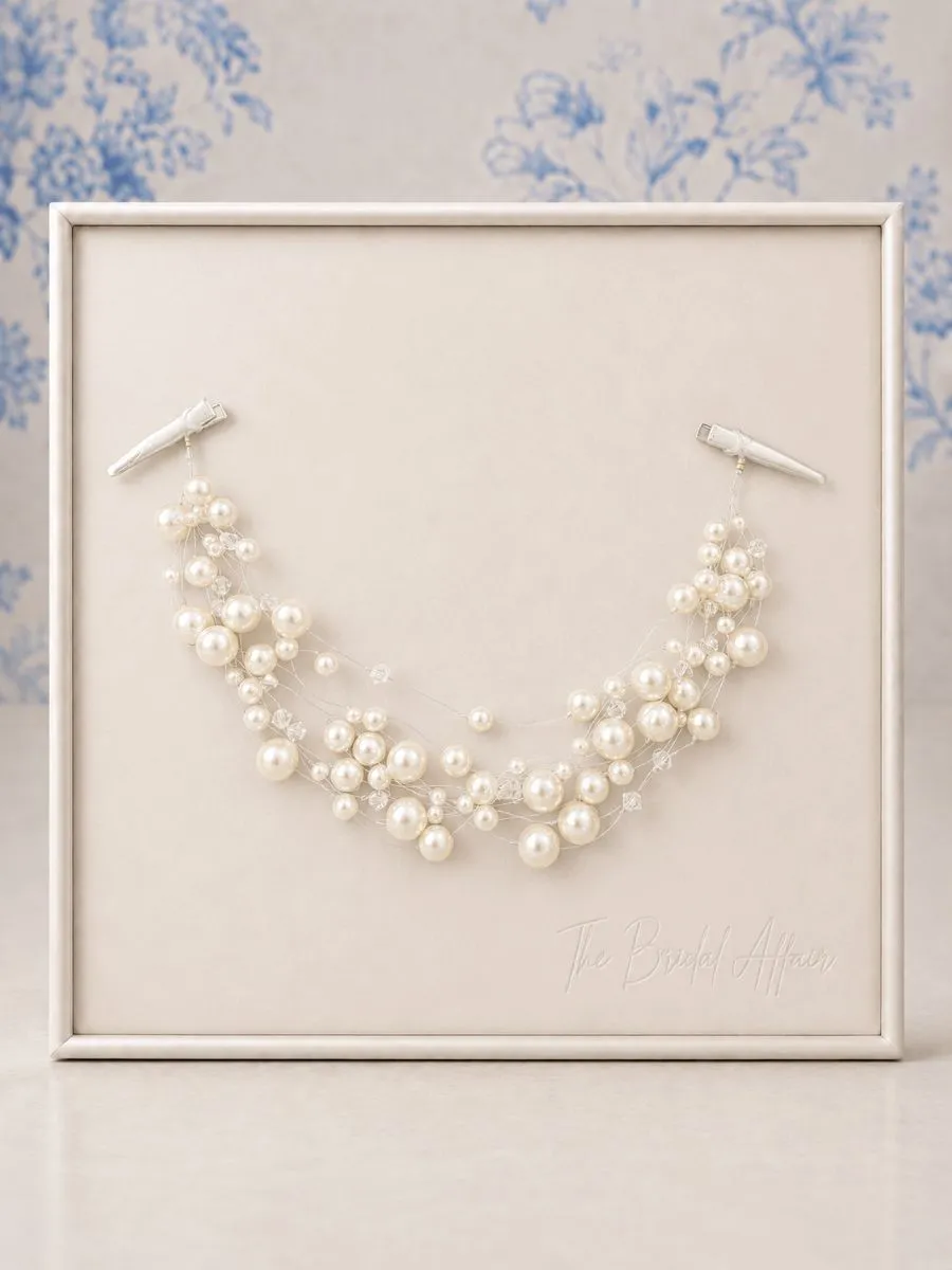 Richard Designs HV045 luxurious pearl bridal headpiece with silver shade crystals.