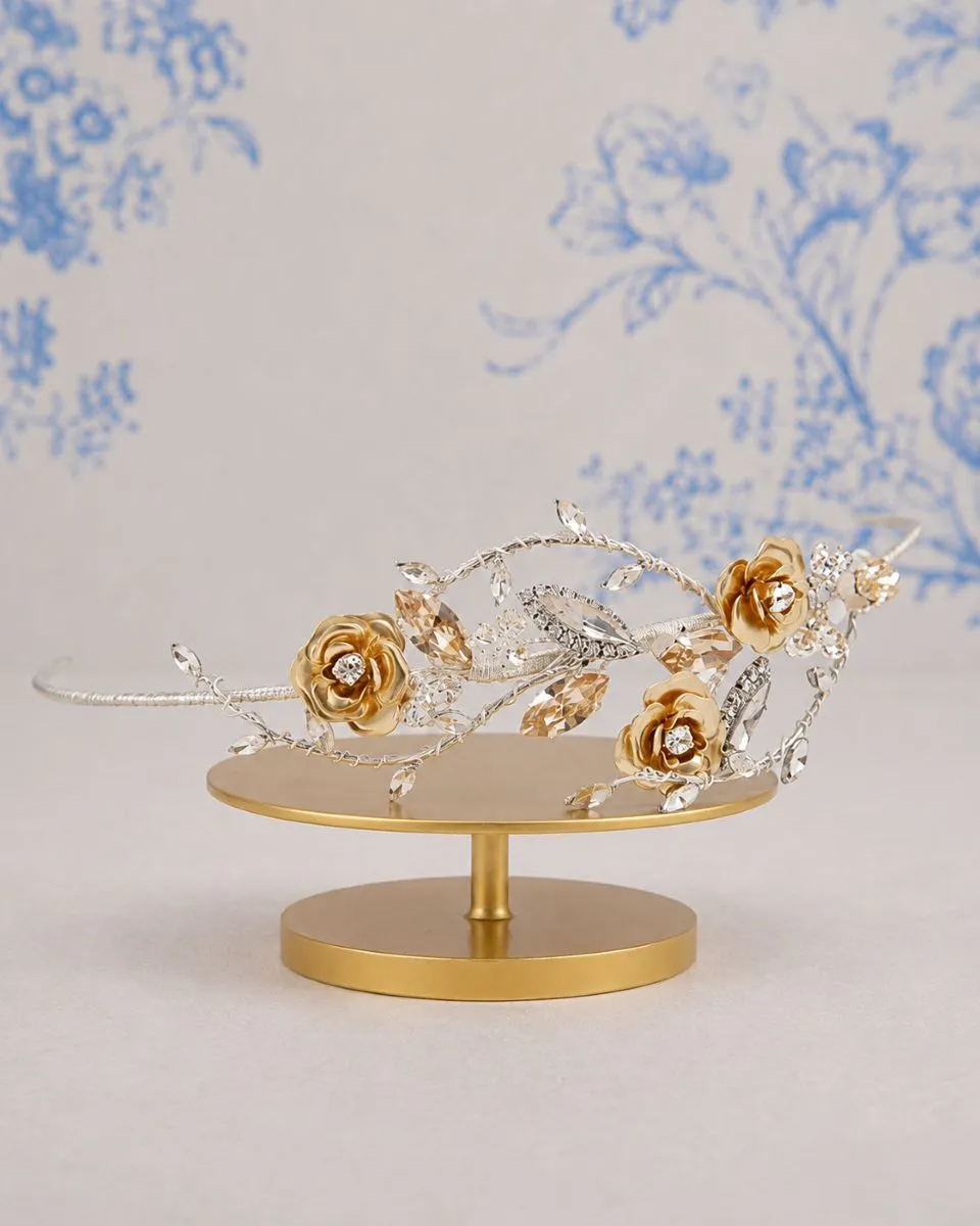 Richard Designs TR2201A gold rose bridal tiara with crystal leaves, golden floral detail and sparkling crystal centres.