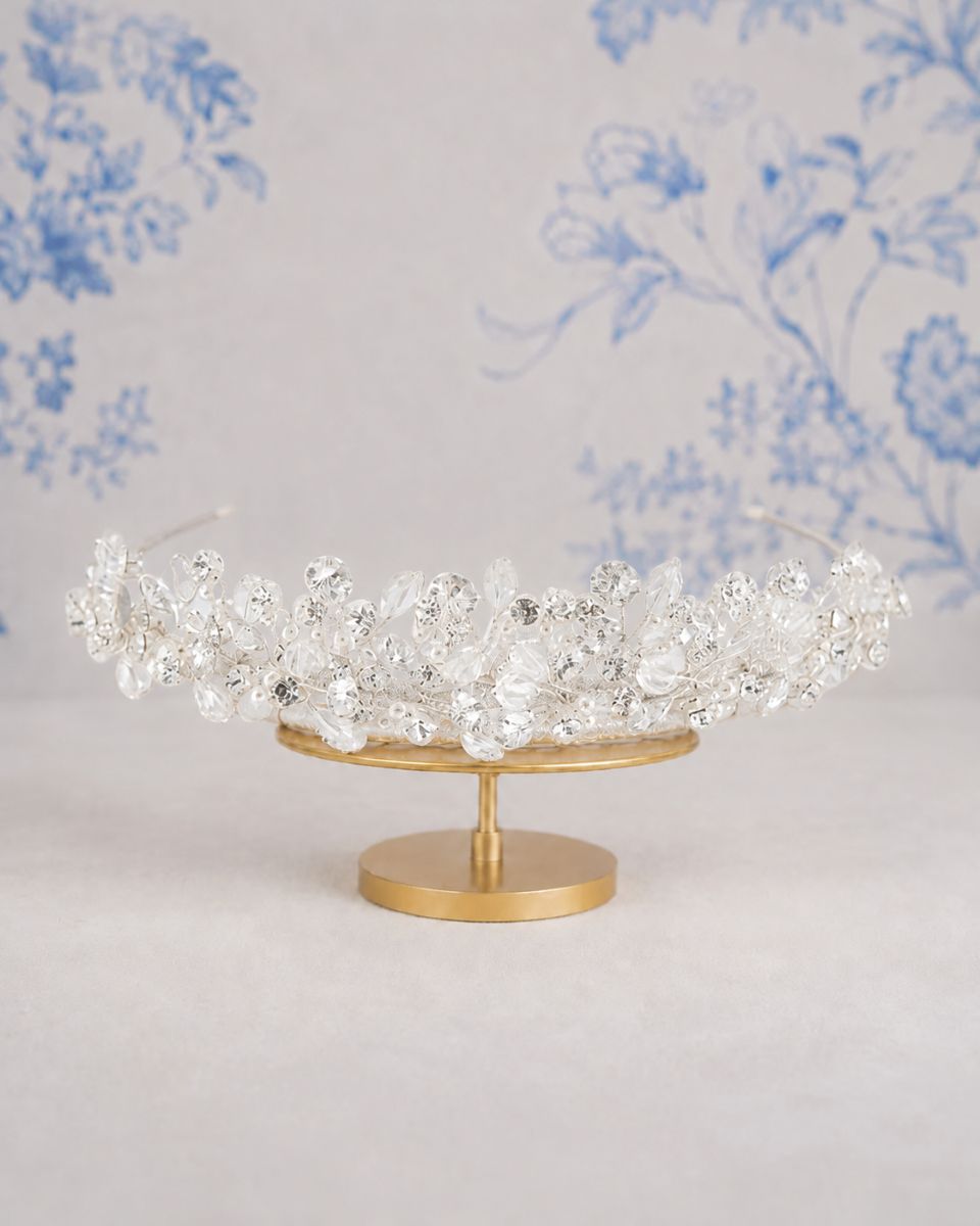 Richard Designs TR2552A delicate clustered bridal tiara with pearl and crystal vine-inspired detailing.
