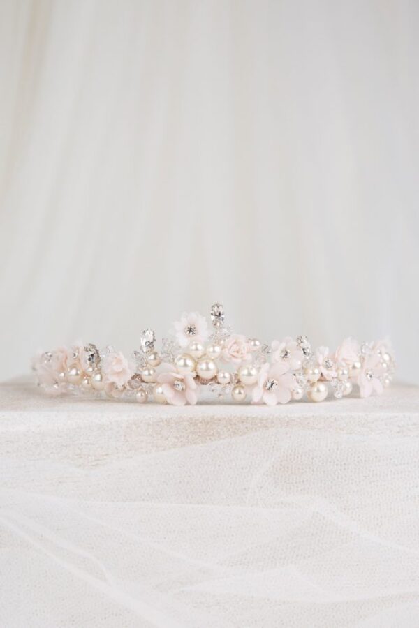 Richard Designs TR2722A Pearl & Floral Boho Tiara silver and blush