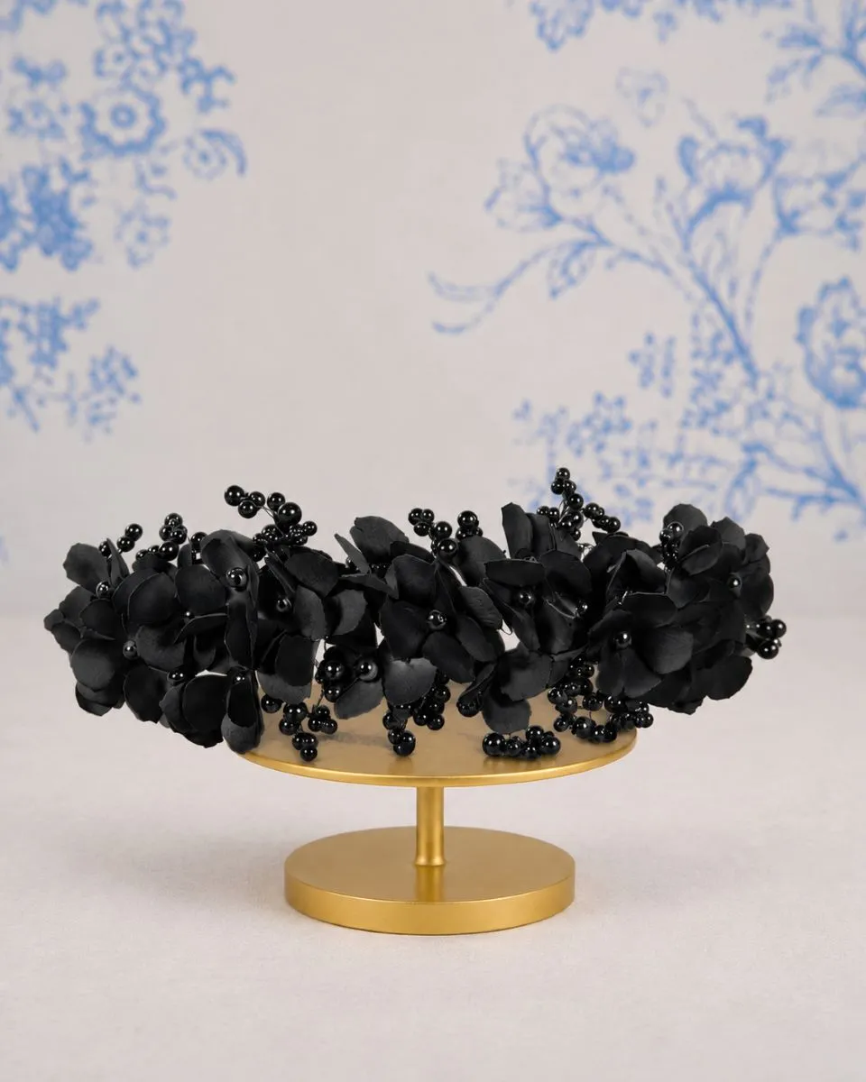 Richard Designs TR2755A pearl detail 3D satin flower bridal headband in black or ivory with wired pearl sprigs.