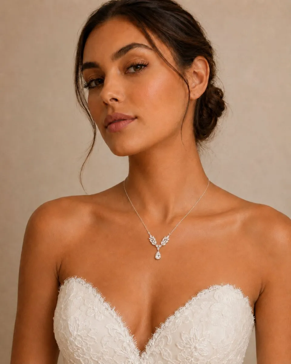 7526 Vintage Vine Necklace - Athena with silver finish, marquise cut crystals and clear cubic zirconia drop pendant.