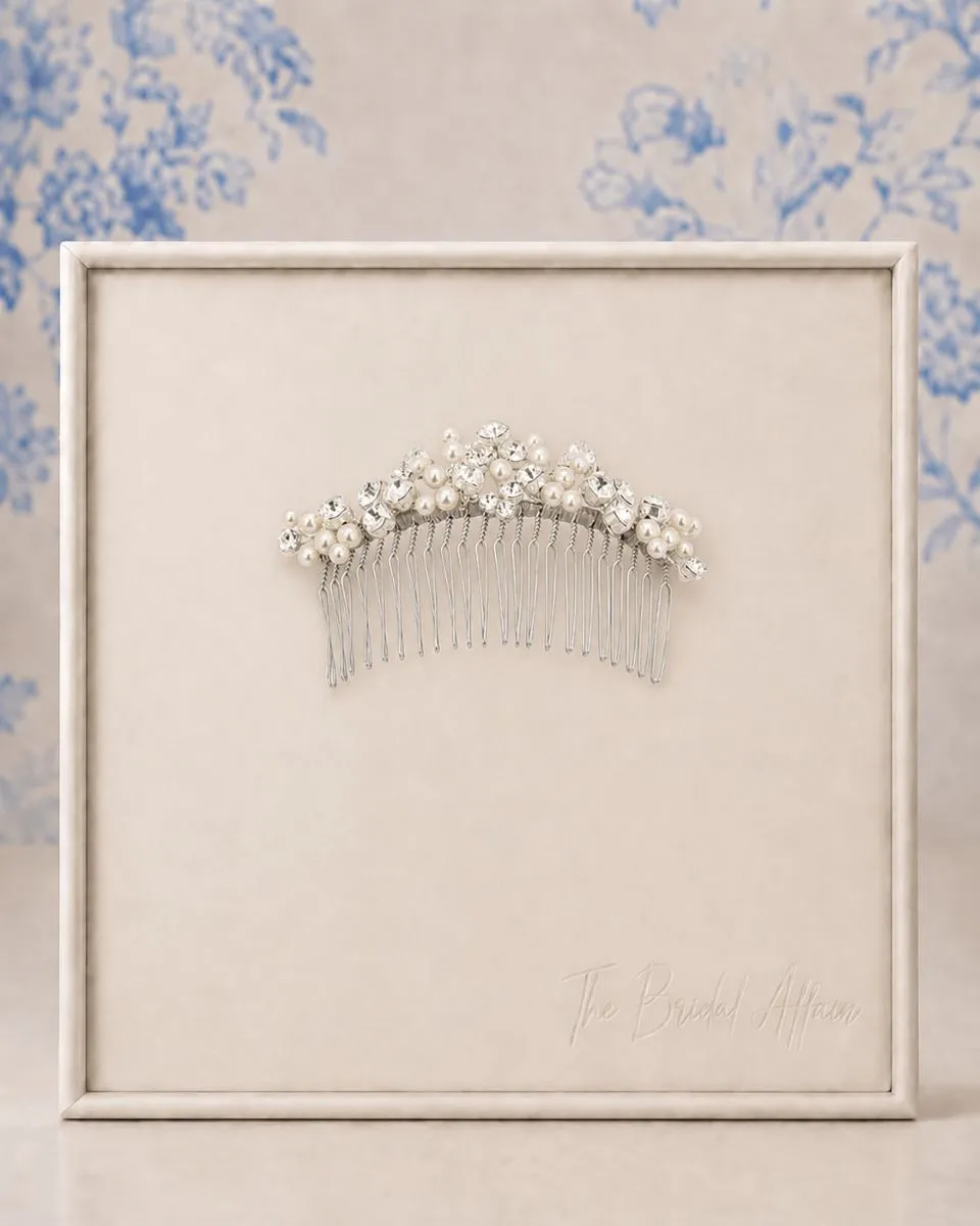 Richard Designs CP300 Pearl and Crystal Hair Comb on ivory satin display.