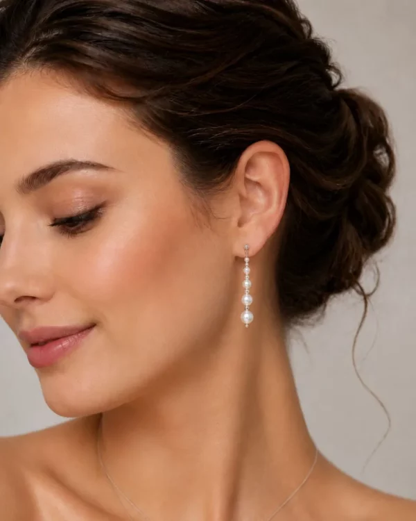 P904E Pearl & Crystal Drop Earrings - Richard Designs with graduated ivory pearls, crystal beads and silver bead detailing. closeup