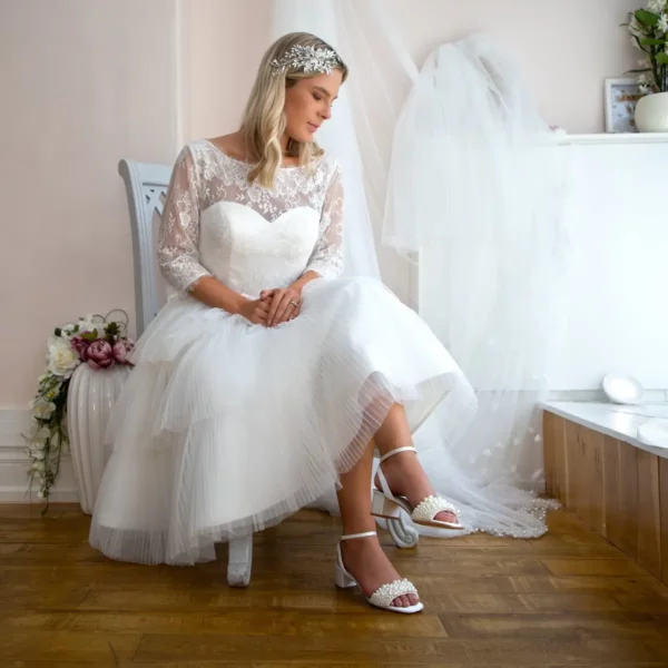 Claire Satin Pearl Block Heel Sandal on bride
