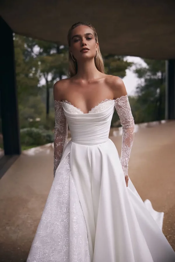 Eva Lendel Aston wedding dress off-the-shoulder satin and lace gown front view front detail
